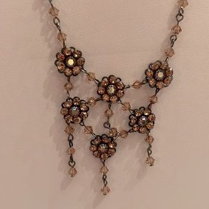 Amber Stone Flower Shaped Crystal Cascading Necklace